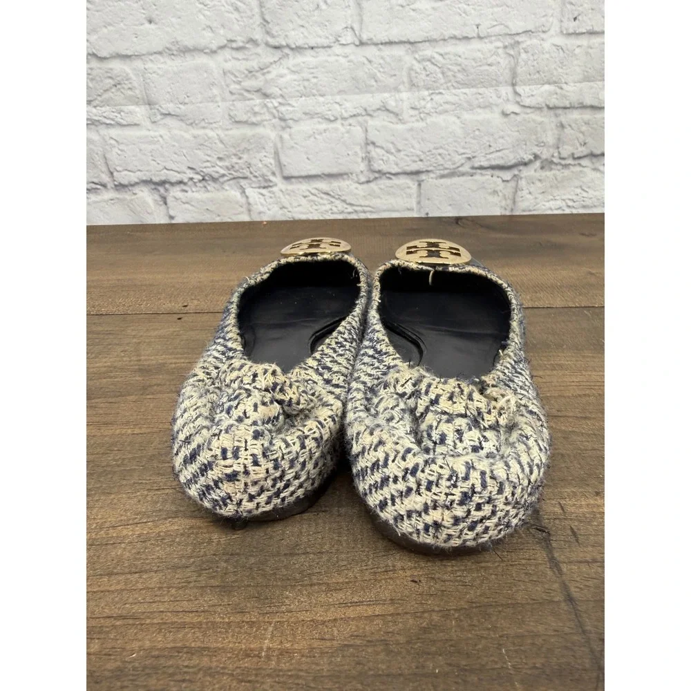 Tory Burch Reva Tweed Ballet Flats Blue Ivory Gold Logo Cap Toe Size 7